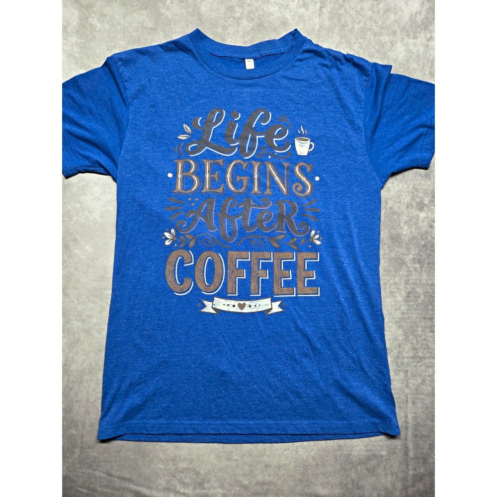 Love in Faith Life Begins After Coffee Blue Graphic T-Shirt women's Size L NWOT